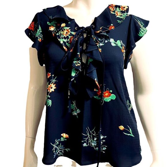 MINE Navy Blue Floral Lace-up-Front Blouse with Cap Sleeve size Small - Picture 1 of 5